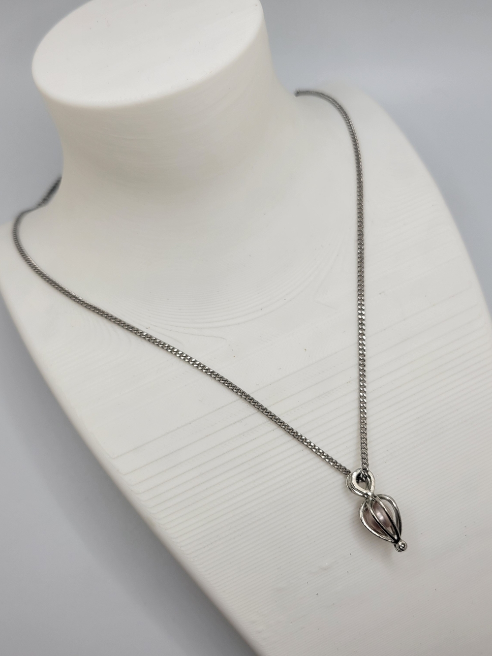 Silver-Tone Caged Pinkish Freshwater Pearl Drop Pendant Necklace 18"